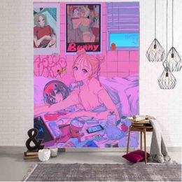 Cute Girls Wall Decor Tapestry Kawaii Anime Carpet For Bedroom Pink J220804