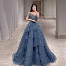 Party Dresses Sparkly Dusty Blue Beads Long Prom Spaghetti Straps Tiered Skirt Women Luxury Evening Gowns Pageant Formal DressParty