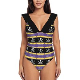 Women's Swimwear Ecu Pirate Nation No Quarter Ruffle One Piece Swimsuit Women Push Up Monokini Sexy Print Bathing Suit PirateWomen's