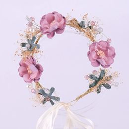 handmade hair floral hoop pink flower wedding headdress pearl beads bridal tiara headband for women headpiece hair accessories