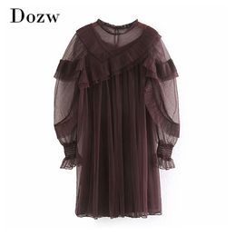 New Fashion Solid Lace Mesh Mini Dress Women Ruffled Butterfly Long Sleeve Pleated Dress See Through Elegant Dress Female 210414