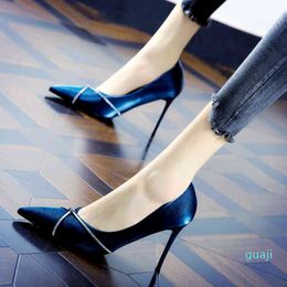 European and American temperament Rhinestone silk satin pointed high heels women's spring and summer shallow mouth thin heel banquet dress s