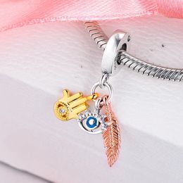 Authentic 925 Sterling Silver Beads Silver Hamsa All-seeing Eye Feather Spirituality Dangle Charms Fit Pandora Style Jewelry Bracelets Necklace DIY 768785C01