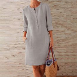 Full Lady Turtleneck Dress Women Cotton Linen Style Single Breasted Natural Fibre fabric Causal S 5XL 220613