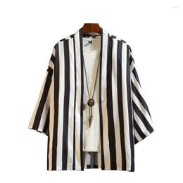 Japanese Streetwear 3/4 Sleeve Mens Shirts Casual Plus Size Men Kimono Shirt Light Weight Summer Cardigan Striped Office Men's