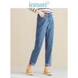INMAN Spring Autumn Winter Literary All Matched Elastic Medium Waist Loose Slim Embroidery English Letter Women Jeans 201029