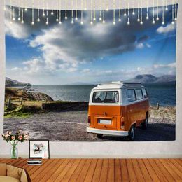 Vintage Camping Large Wall Rug Camper Wild Way Bus Hippie Hanging Psychedelic Decorations Bedroom Living Room Blanket J220804