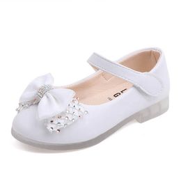 Girls Wedding White Kids Shoes For Dress Shoes Bow knot Bowtie Sweet Crystal Children's Leather Flats Toddlers Girls Shoes 22-31