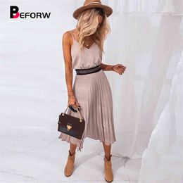 2021 Sexy Women Summer Sexy Dress Spaghetti Strap Dress V Neck Pink Female Pleated Midi Dress Casual Office Ladies Party Dresses 210322