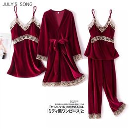 JULY'S SONG Fashion Velvet 4 Pieces Warm Winter Pyjamas Sets Women Sexy Lace Robe Pyjama Sleepwear Suit Sleeveless Nightwear 220321