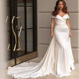 2 In 1 Mermaid Wedding Dress With Detachable Train Elegant Off Shoulder Satin Boho Beach Bride Dresses Dubai 2022 Bridal Vestidos De Novia Robe Mariage Elegant