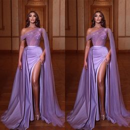 Elegant Lavender Mermaid Prom Dresses With Cape Beading High Side Split One Shoulder Women Gowns Formal Evening Dress