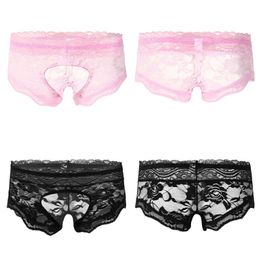 Underpants Men Sissy Nightwear See-through Lace Crotchless Briefs Thong Floral Pattern Elastic Waistband T-Back Underwear UnderpantsUnderpan