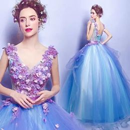 Elegant Purple Blue Ball Gown Prom Dresses Princess Aooliques Sequins Sleeveless Puff Tulle Lace 3D Flower Party Gowns Plus Size Custom Made S S