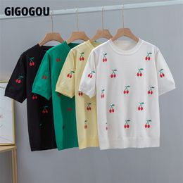 GIGOGOU Cherry Embroidery Summer Women T-Shirt Fashion Basic Loose Short Sleeve T shirt Top OverSized Female Casual Tee Shirt 220511