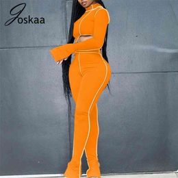 Joskaa Winter 2 Piece Outfits Flare Sleeve Cool Line Sexy Sports Suit Women Asymmetry Tops Sporty Legging Matching Set Plus Size 210331