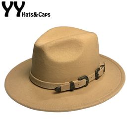 Winter Panama Hat Women Elegant Felt Caps Male Vintage Trilby Hat Wide Brim Fedora CAPS with Belt Chapeau Homme Feutre YY18016 T200106