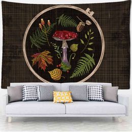 Mushroom Owl Illustration Tapestry Natural Bohemian Background Wall Decoration Cloth Rugs Home Decor Tarot J220804