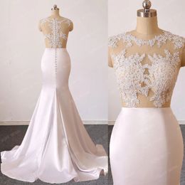 Vestido De Noiva Sexy Mermaid Wedding Dress Fish Style Pearls Satin Bridal Gown Illusion Top Lace Appliques 2022