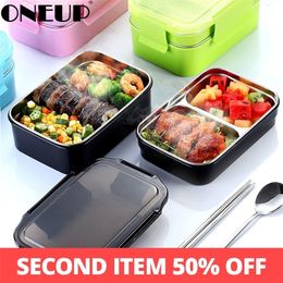 ONEUP 304 Stainless Steel Lunch Box For Kid Two layers Bento Student Food Container With Tableware Bag Kitchen LJ200826