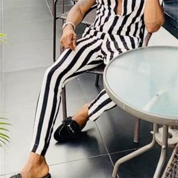 Men Striped Sets Streetwear Fashion Lapel Short Sleeve Shirt Long Pants Two Pieces Loose Casual Suits S 5XL INCERUN 220621