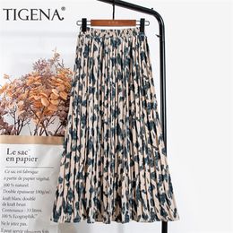 TIGENA Leopard Print Long Maxi Pleated Skirt Women Fashion Summer Korean Elastic High Waist Aesthetic Chiffon Female 220317