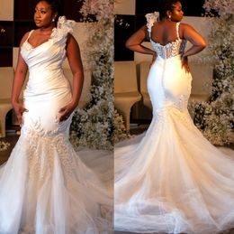2022 Plus Size Arabic Aso Ebi Luxurious Lace Beaded Wedding Dress Mermaid Spaghetti Bridal Gowns Dresses ZJ602