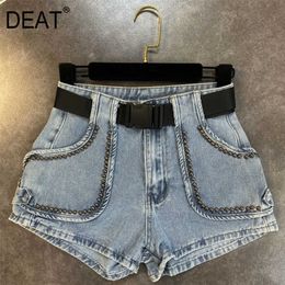 DEAT Summer Fashion High Street Straight Rivet Pockets Sashes Button Fly Solid Denim Shorts Women SB565 210709