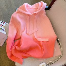 Winter Womens Clothing Sweater Fashion Loose Vintage Pink Tie Dye Drawstring Long Sleeves Knitting Hooded Pullover Tops 220817