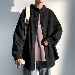 Hybskr Cotton Linen Men's Oversized Shirts Streetwear Man Stand Up Collar Shirt Male Casual Long Sleeve Blouses Tops 220322