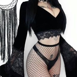 InsGoth Sexy Women Gothic Crop Top Flare Long Sleeve Lace Hollow Out Black T-shirt Retro Bodycon Female V-neck Tops Elegant Top 220525