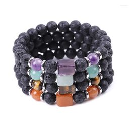 Beaded Strands Natural Crystal Bracelet For Women Men Healing Jewelry Rock Quartz Square Steel Bead Black Lava Stone Amethysts Stretch Kent2