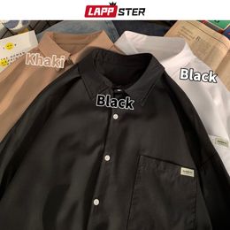 LAPPSTER Men Vintage Graphic Long Sleeve Shirt Mens Black Harajuku Shirts Korean Fashion Unsiex Hawaiian Collared Shirt