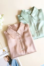 2022 Summer Autumn Long Sleeves Lapel Neck Pink Blouse French Style Solid Colour 100% Silk Single-Breasted Shirt 22Q2114