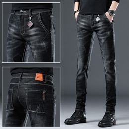 Mens High Quality Classic Business Jeans,Elastic&Washed Denim Pants,Straight Slim-fit Scratches Decors Fashion Casual Jeans; 220328