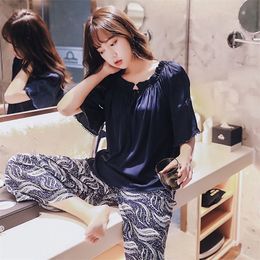 Cute Sweet Ladies Nightgown Home Suit Comfortable Cotton Short Sleeve Tops with Long Trousers Women's Home Clothes T200429