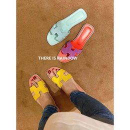 Slides Oran Original Designer Slipper Paris Sandals Rainbow Candy Color Summer H-shaped Suede Flat Bottomed Travel Vacation