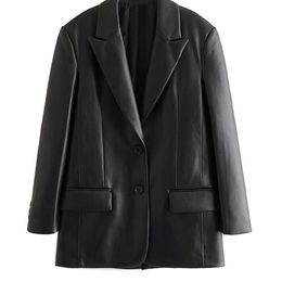 TRAF Women Fashion Faux Leather Loose Blazer Coat Vintage Long Sleeve Flap Pockets Female Outerwear Chic Veste Femme 220402