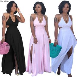 Autumn Women Halter V-neck Open Back High Side Split Maxi Midi Bodycon Dress Night Club Party Long Dresses Vestidos 220516