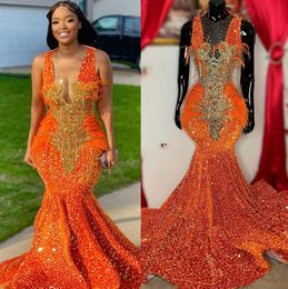 2022 Plus Size Arabic Aso Ebi Orange Mermaid Luxurious Prom Dresses Sequined Lace Evening Formal Party Second Reception Birthday Engagement Gowns Dress ZJ506