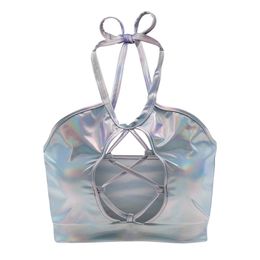 Women Sexy Wetlook Metallic Crop Top Shiny Halter Backless Lace-up Holographic Cami Tank Rave Dance Vest Party Clubwear 220325