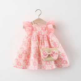 Summer Newborn Dress Fashion Print Doll Collar Cute Princess Beach Flowers Dresses+Bag Little Girls Clothing