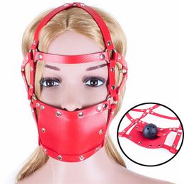 Leather Mask Breathable Silicone Ball Gag Open Mouth Plug SM Head Bondage sexy Harness Slave Muzzle Erotic Game Women Tools