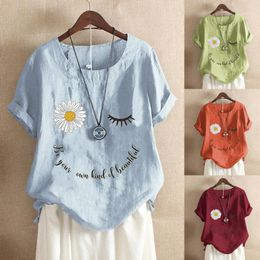 Plus Size Fashion Daisy Print Blouse Cotton Linen Loose Tops Casual Summer Ladies Top Female Women Short Sleeve Blusas Pullover Women's Blou