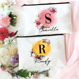 Cosmetic Bags & Cases Personalised Custom Flower With Name Makeup Bridesmaid Bag Mother Wedding Birthday Gift Initial Print Travel PouchCosm