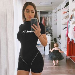 Sexy Reflective Playsuit Women Letter Print Short Sleeve Zipper Jumpsuit Shorts Sporting Outfit Tracksuits Ladies Solid Playsuit T200602