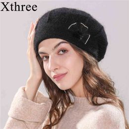 Xthree women winter hat knitted beret hat for women angola rabbit fur fashion beanie cap J220722