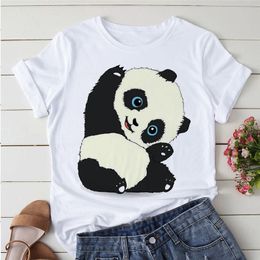 Women Fashion Tops Cartoon Stretching Panda 90s Clothes Print T Shirt Short Sleeve Summer White T-shirt Female Tee