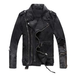 QNPQYX Slim Mens Ripped Denim Jackets trend high street locomotive models denim jacket black hole zipper slim lapel denim Motorcycle Biker jacket