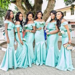 Nigerian African Arabic Mermaid Bridesmaid Dresses Off Shoulder With Sash Beaded Floor Length Maid of Honour Gowns Split Evening Dresses Plus Size